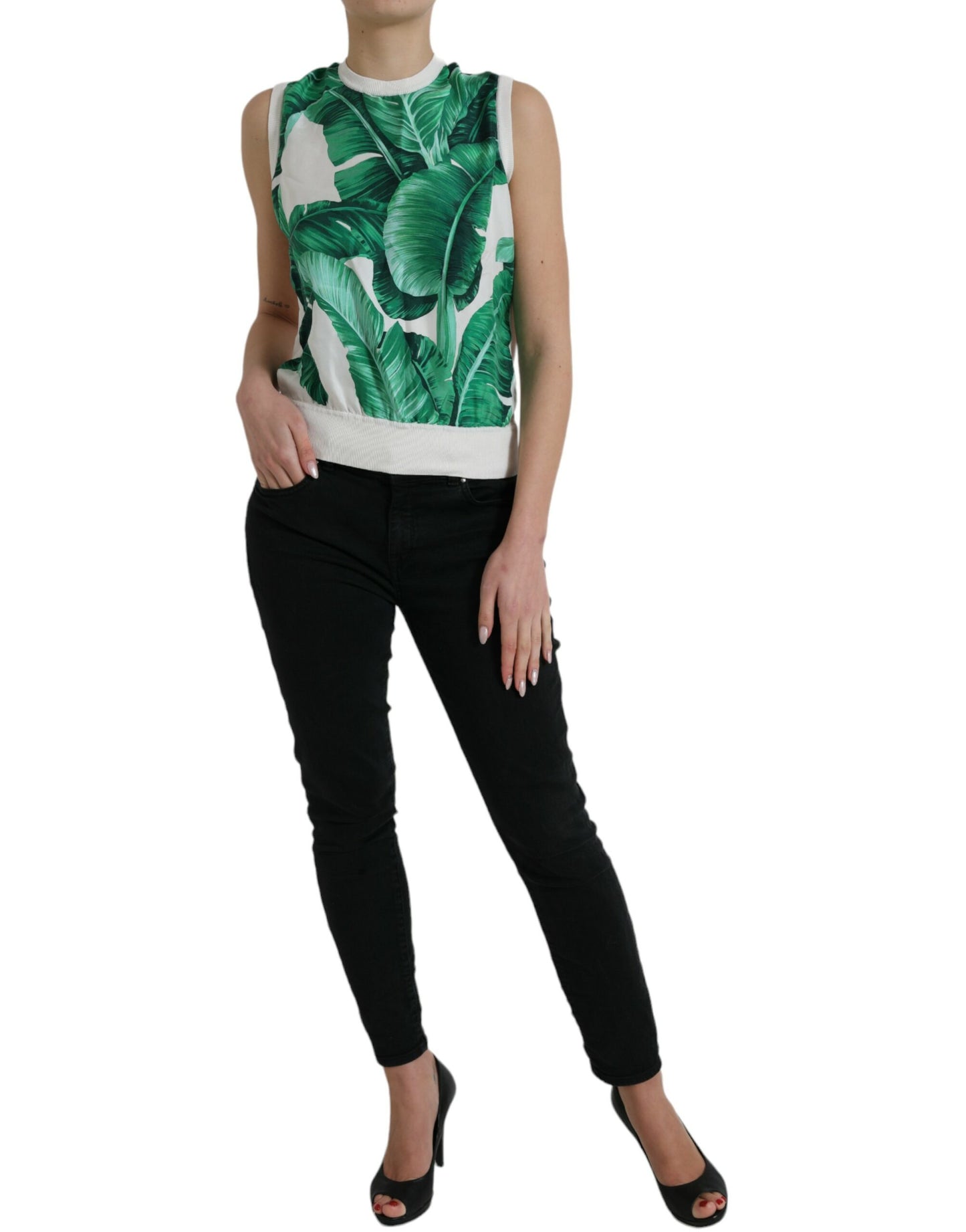 Dolce & Gabbana White Banana Leaf Print Crew Neck Tank Top by Dolce & Gabbana
