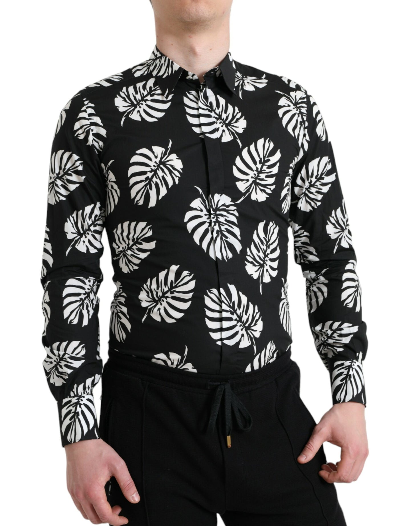 Dolce & Gabbana Black Leaf Cotton Men Formal GOLD Dress Shirt by Dolce & Gabbana