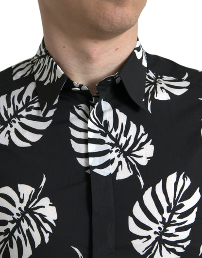 Dolce & Gabbana Black Leaf Cotton Men Formal GOLD Dress Shirt by Dolce & Gabbana