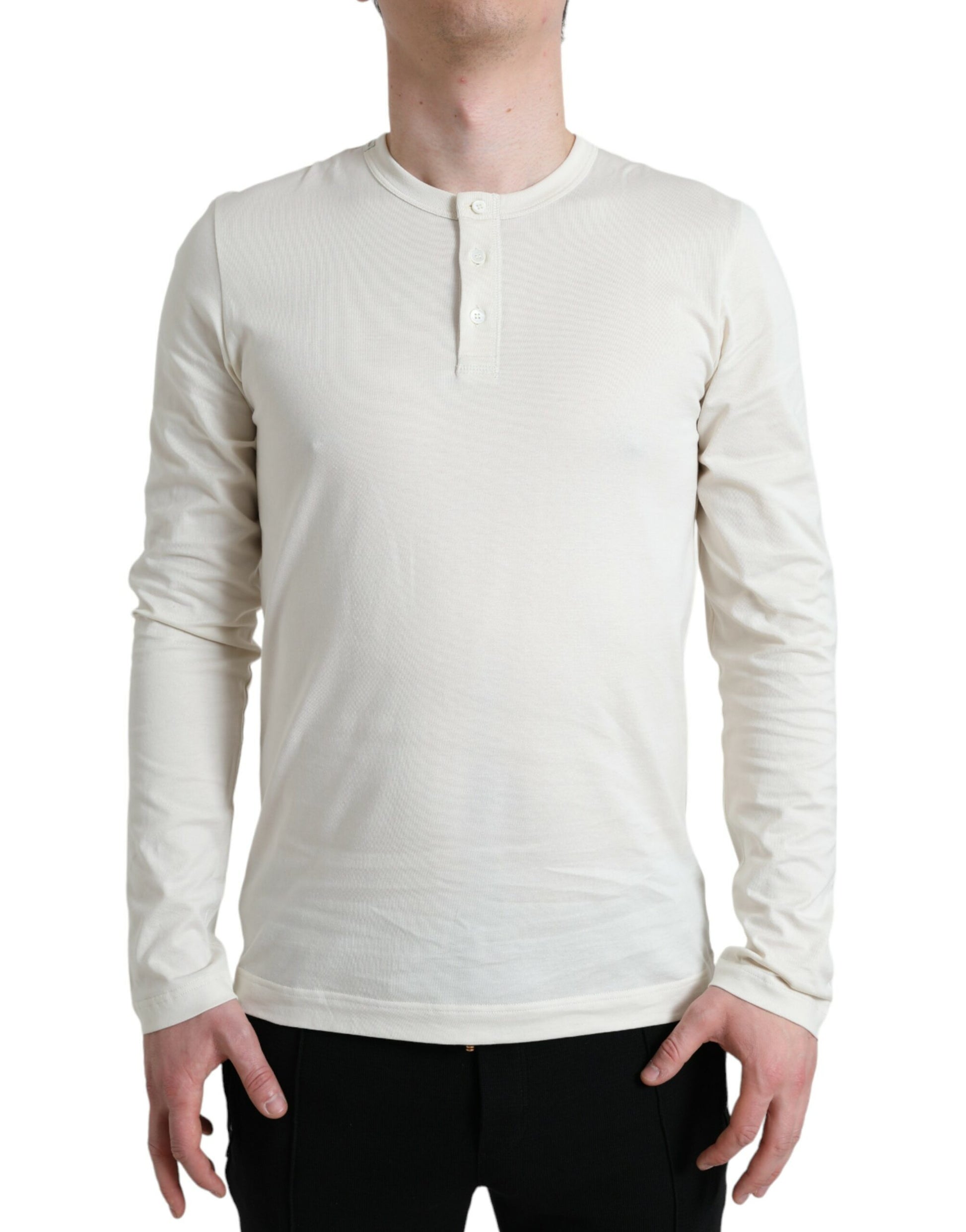Dolce & Gabbana Off White Cotton Henley Pullover Sweater by Dolce & Gabbana
