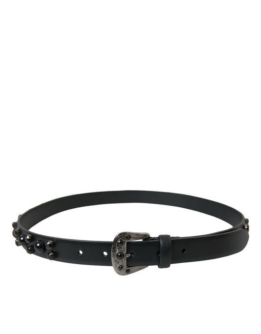 Dolce &amp; Gabbana Black Embellished Leather Engraved Buckle Belt
