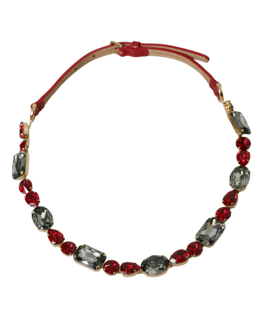 Dolce &amp; Gabbana Red Leather Crystal Chain Waist Belt