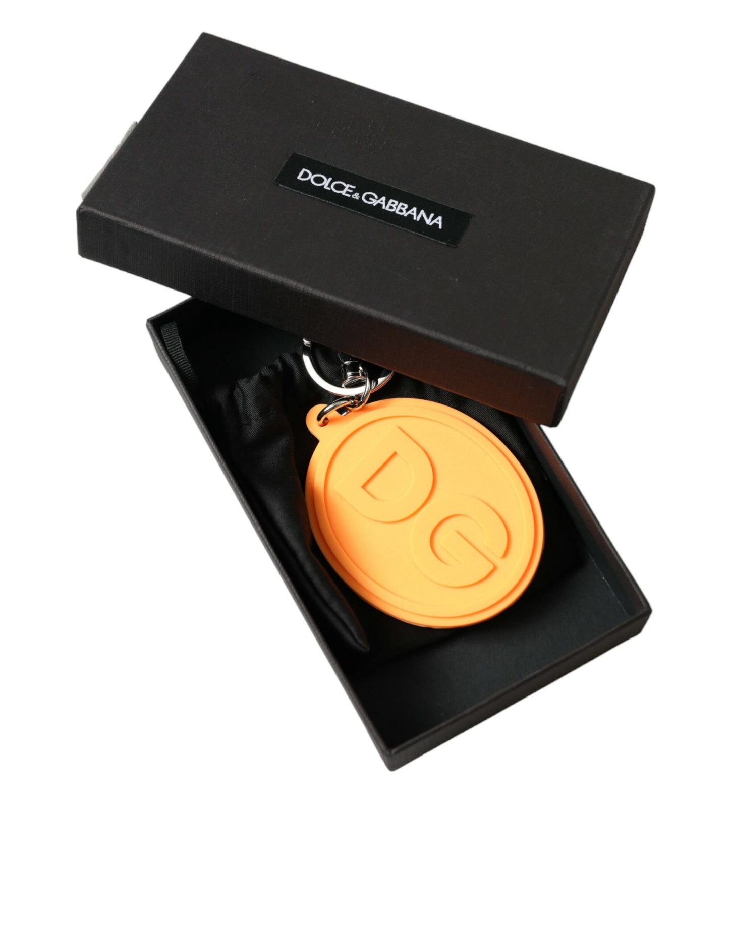 Dolce & Gabbana Orange Rubber DG Logo Silver Brass Metal Keyring Keychain by Dolce & Gabbana