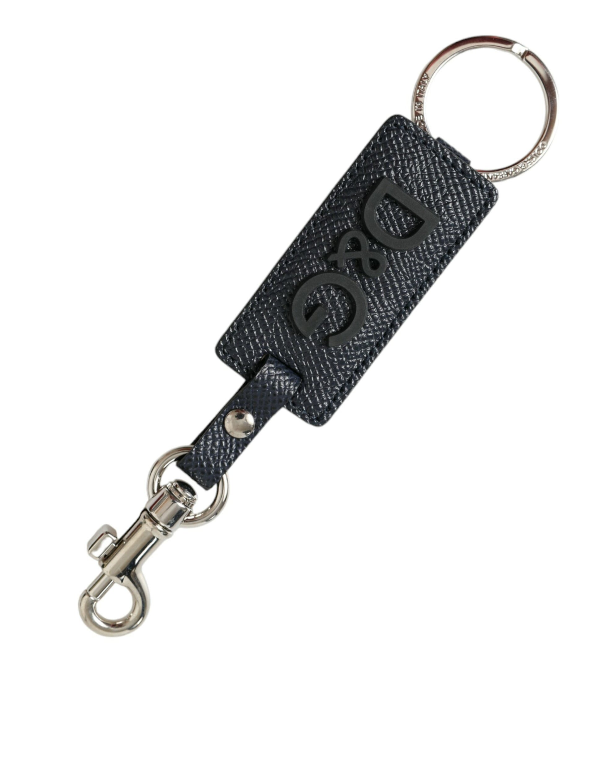 Dolce & Gabbana Black Calf Leather DG Logo Silver Brass Keyring Keychain by Dolce & Gabbana
