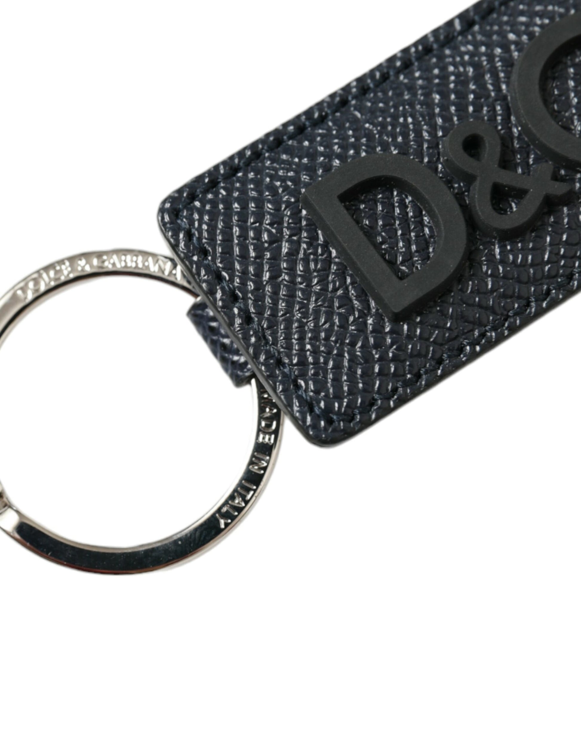 Dolce & Gabbana Black Calf Leather DG Logo Silver Brass Keyring Keychain by Dolce & Gabbana