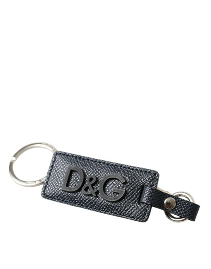 Dolce & Gabbana Black Calf Leather DG Logo Silver Brass Keyring Keychain by Dolce & Gabbana