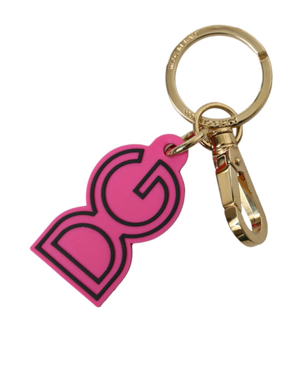 Dolce &amp; Gabbana Pink Rubber Gold Tone Metal DG Logo Keyring Keychain