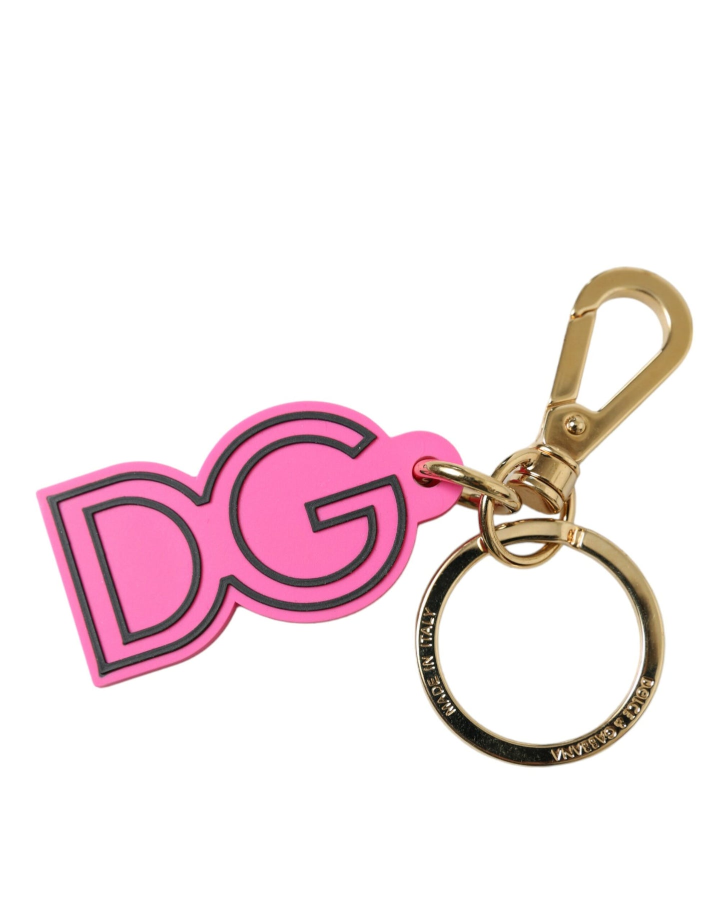 Dolce &amp; Gabbana Pink Rubber Gold Tone Metal DG Logo Keyring Keychain