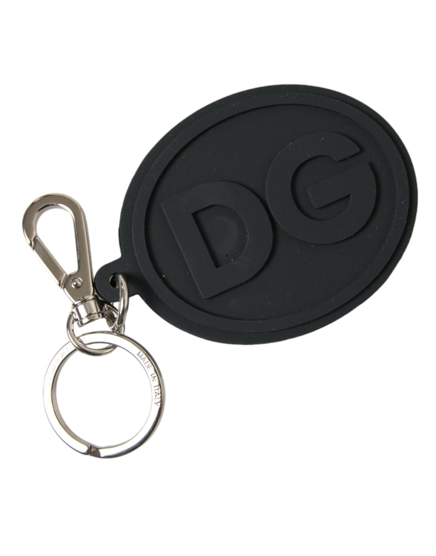 Dolce &amp; Gabbana Black Rubber DG Logo Silver Brass Metal Keyring Keychain