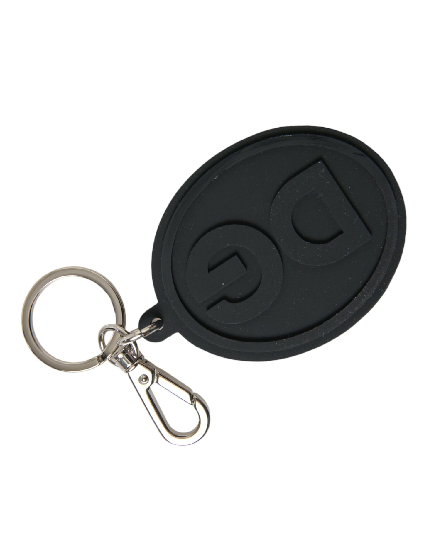 Dolce &amp; Gabbana Black Rubber DG Logo Silver Brass Metal Keyring Keychain
