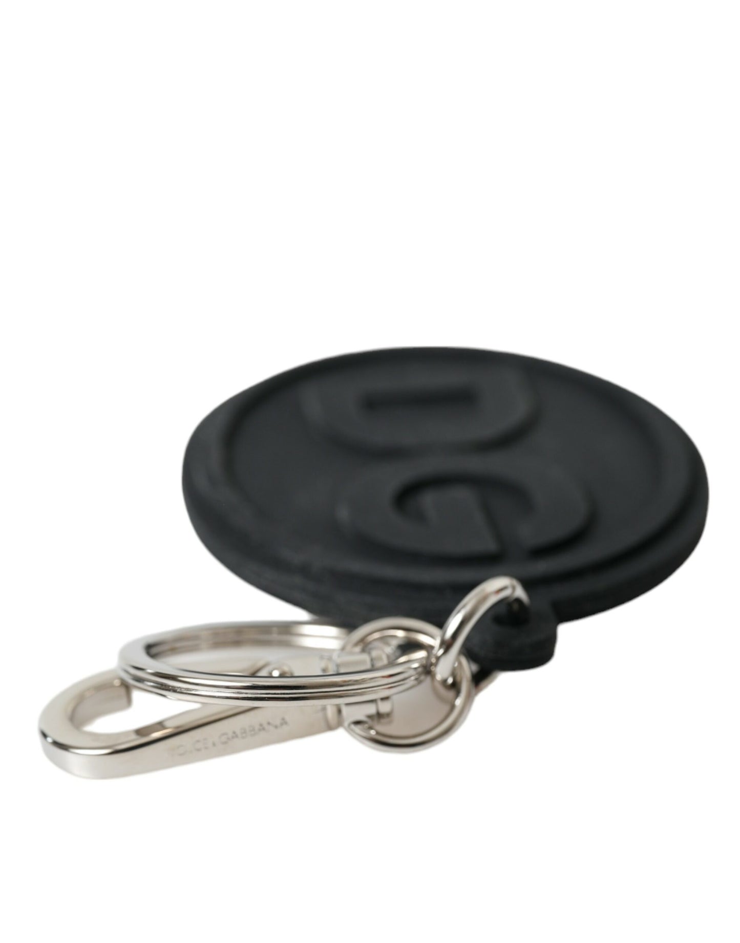 Dolce &amp; Gabbana Black Rubber DG Logo Silver Brass Metal Keyring Keychain