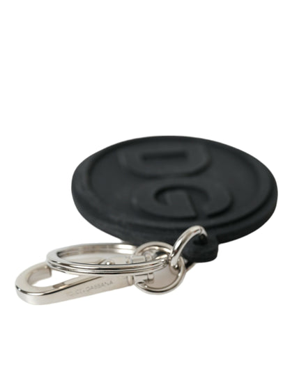 Dolce &amp; Gabbana Black Rubber DG Logo Silver Brass Metal Keyring Keychain