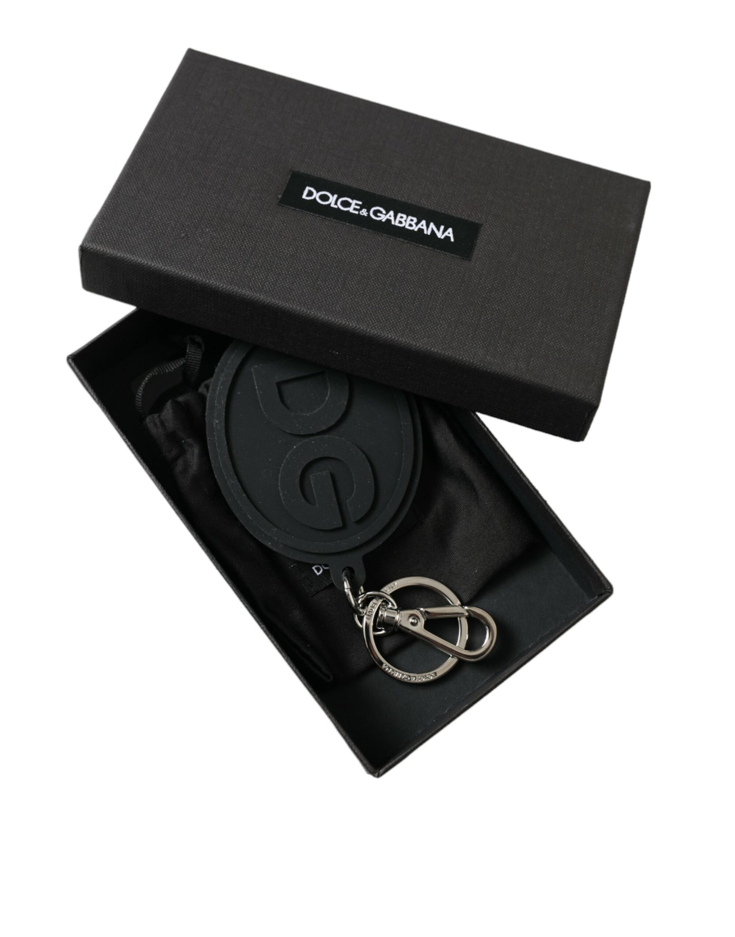 Dolce &amp; Gabbana Black Rubber DG Logo Silver Brass Metal Keyring Keychain