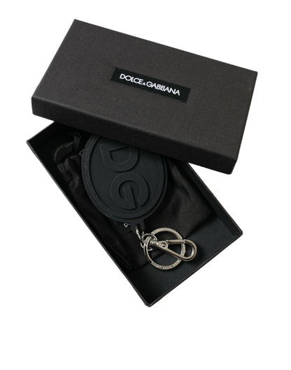 Dolce &amp; Gabbana Black Rubber DG Logo Silver Brass Metal Keyring Keychain