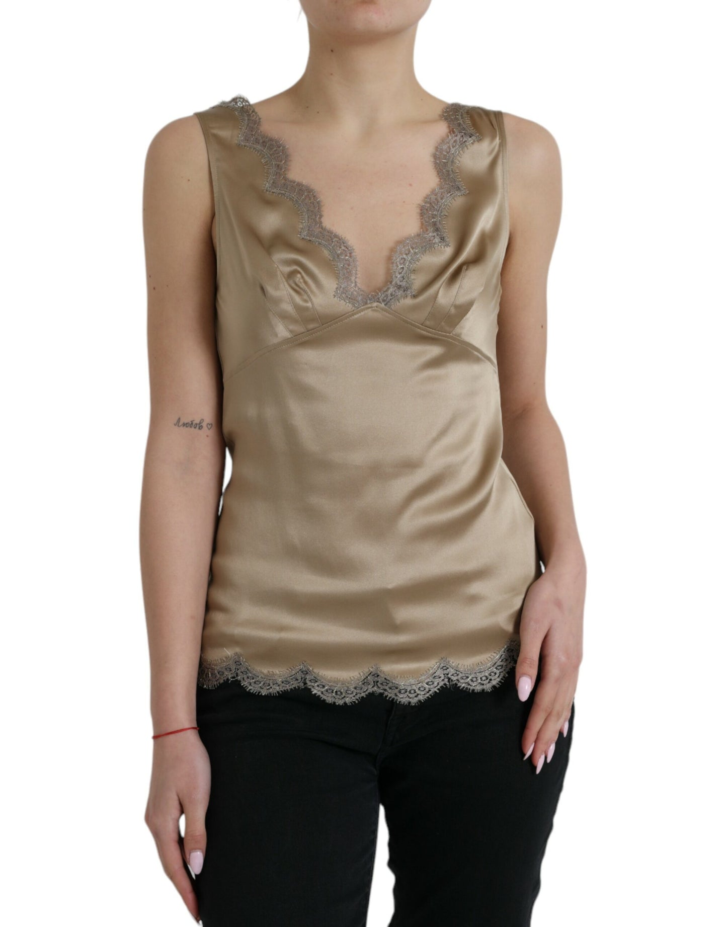 Dolce & Gabbana Brown Lace Trim V-neck Sleeveless Tank Top by Dolce & Gabbana
