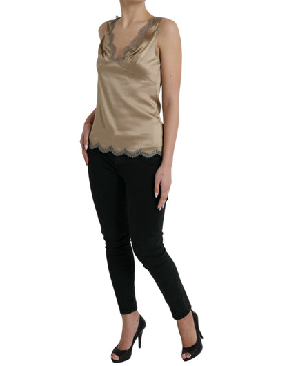 Dolce & Gabbana Brown Lace Trim V-neck Sleeveless Tank Top by Dolce & Gabbana