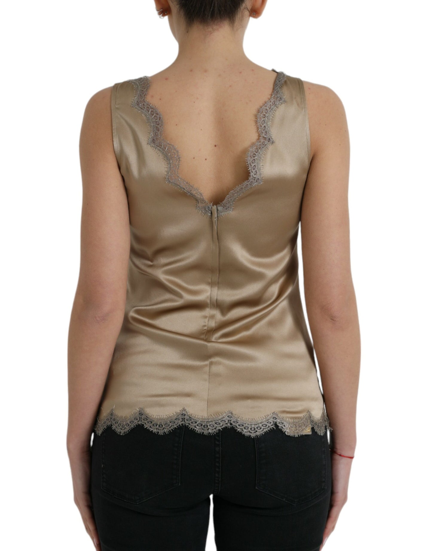 Dolce & Gabbana Brown Lace Trim V-neck Sleeveless Tank Top by Dolce & Gabbana