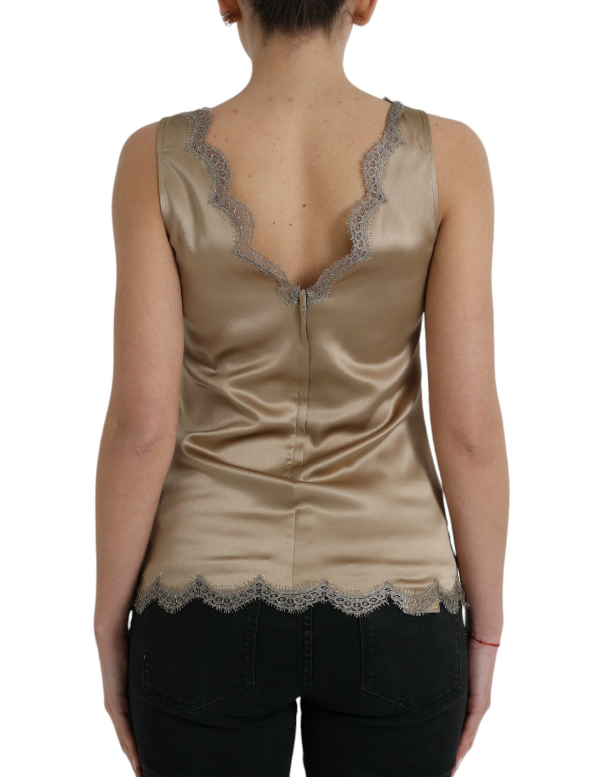 Dolce & Gabbana Brown Lace Trim V-neck Sleeveless Tank Top by Dolce & Gabbana