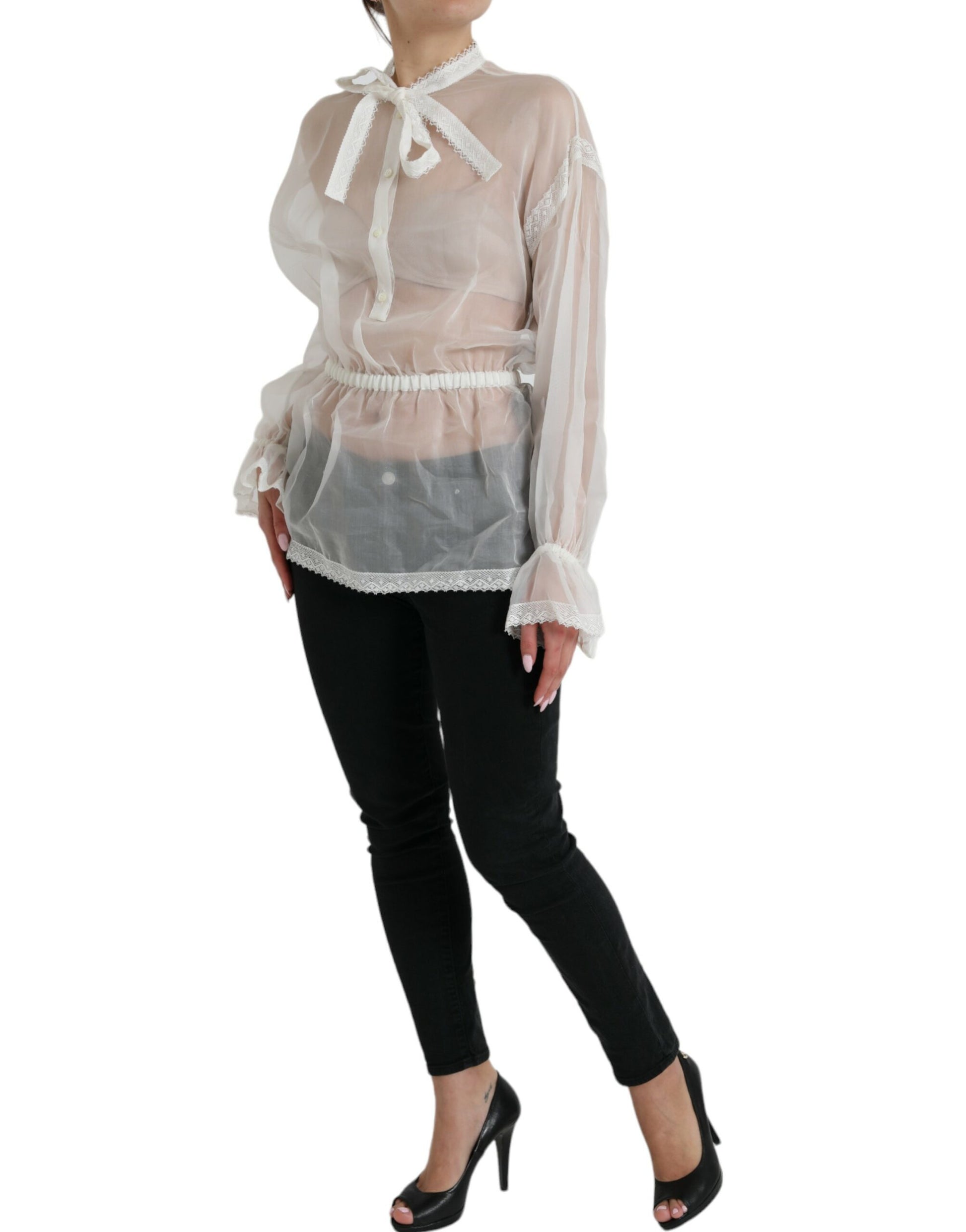 Dolce & Gabbana White Silk Long Sleeves Ascot Collar Top by Dolce & Gabbana