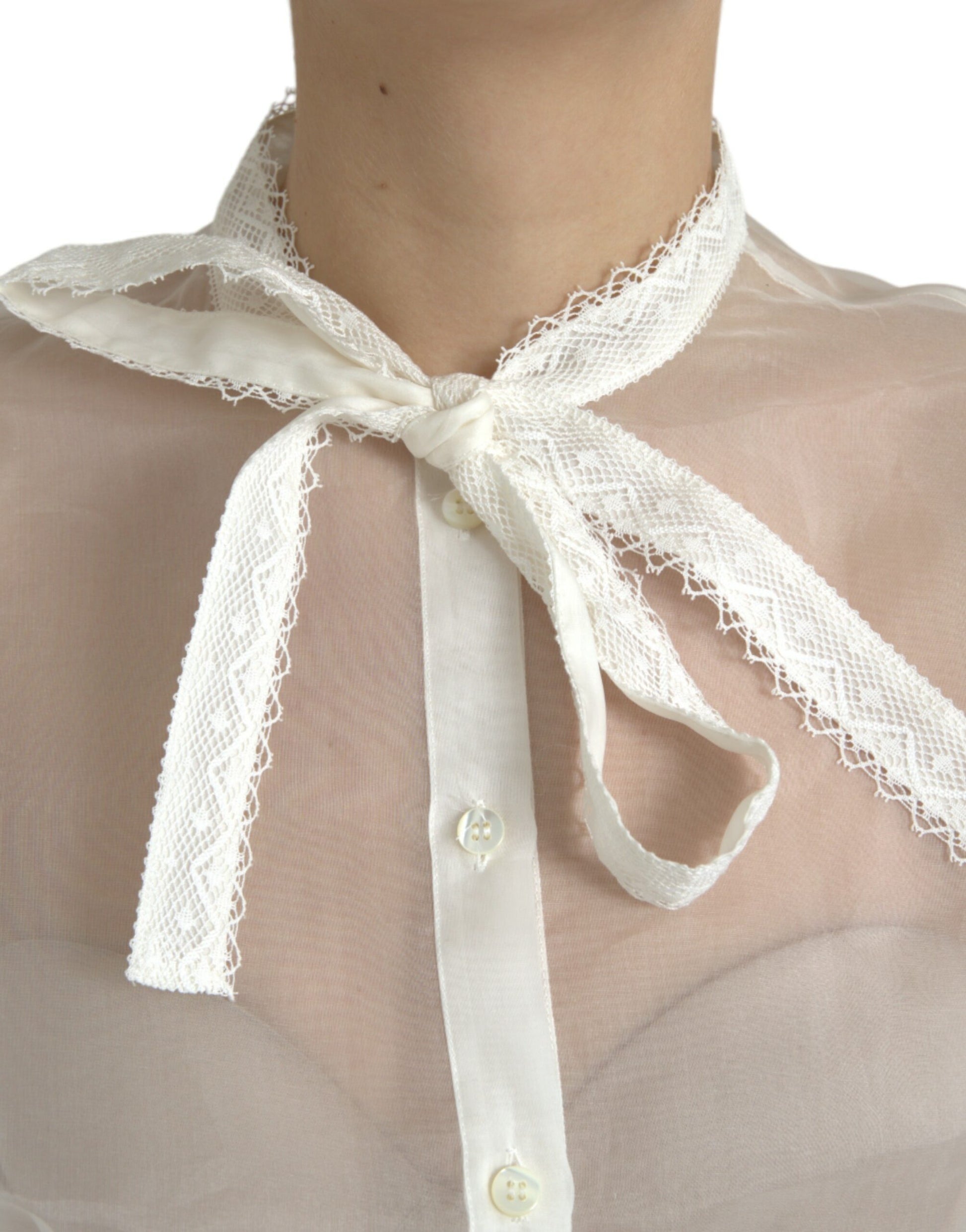 Dolce & Gabbana White Silk Long Sleeves Ascot Collar Top by Dolce & Gabbana