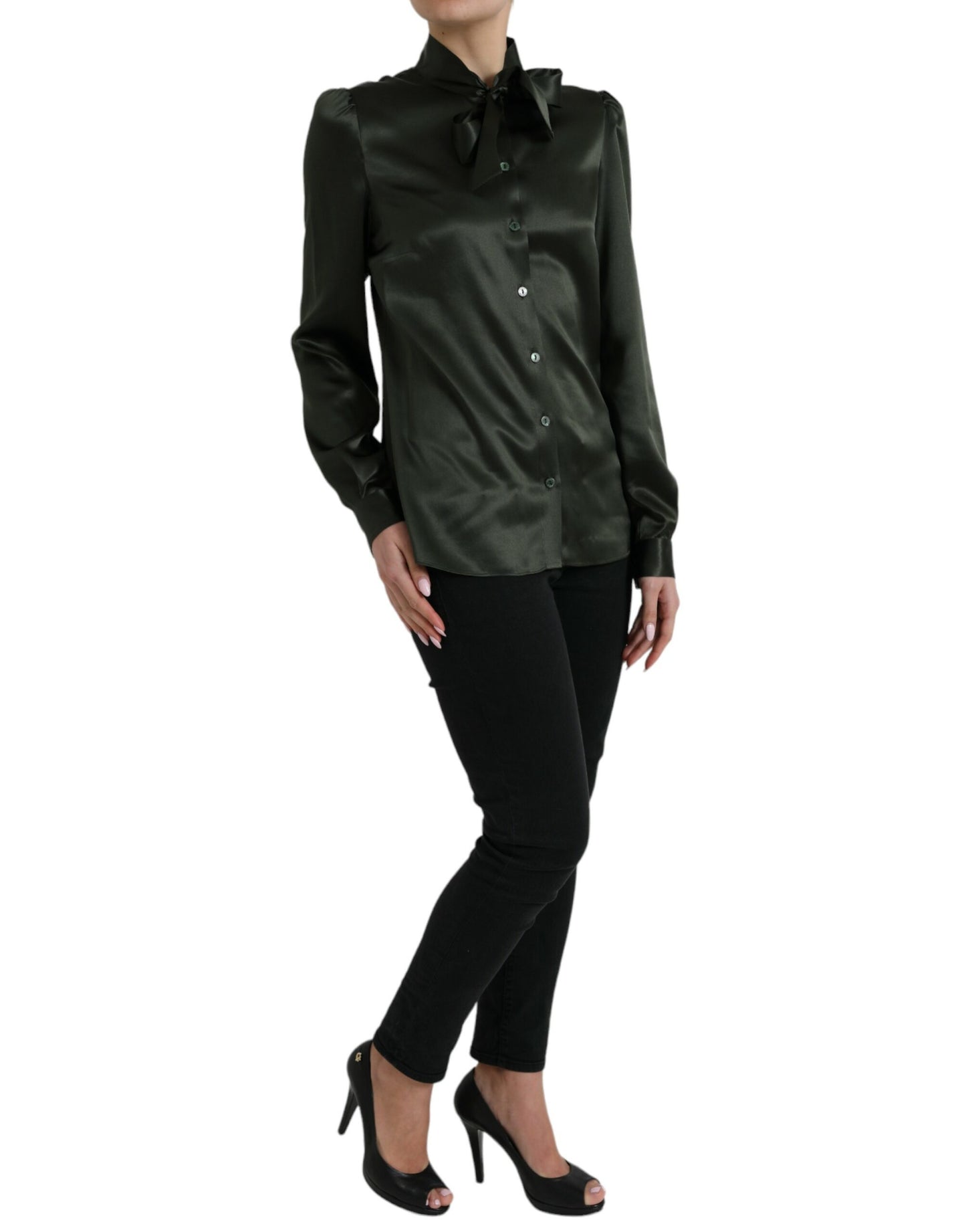 Dolce & Gabbana Gray Long Sleeves Ascot Collar Blouse Top by Dolce & Gabbana