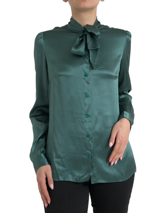 Dolce & Gabbana Dark Green Silk Ascot Collar Blouse Top by Dolce & Gabbana