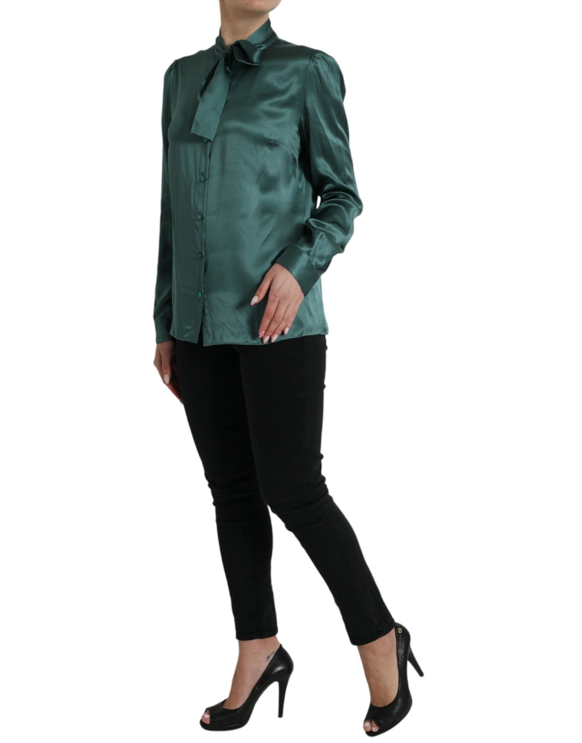 Dolce & Gabbana Dark Green Silk Ascot Collar Blouse Top by Dolce & Gabbana