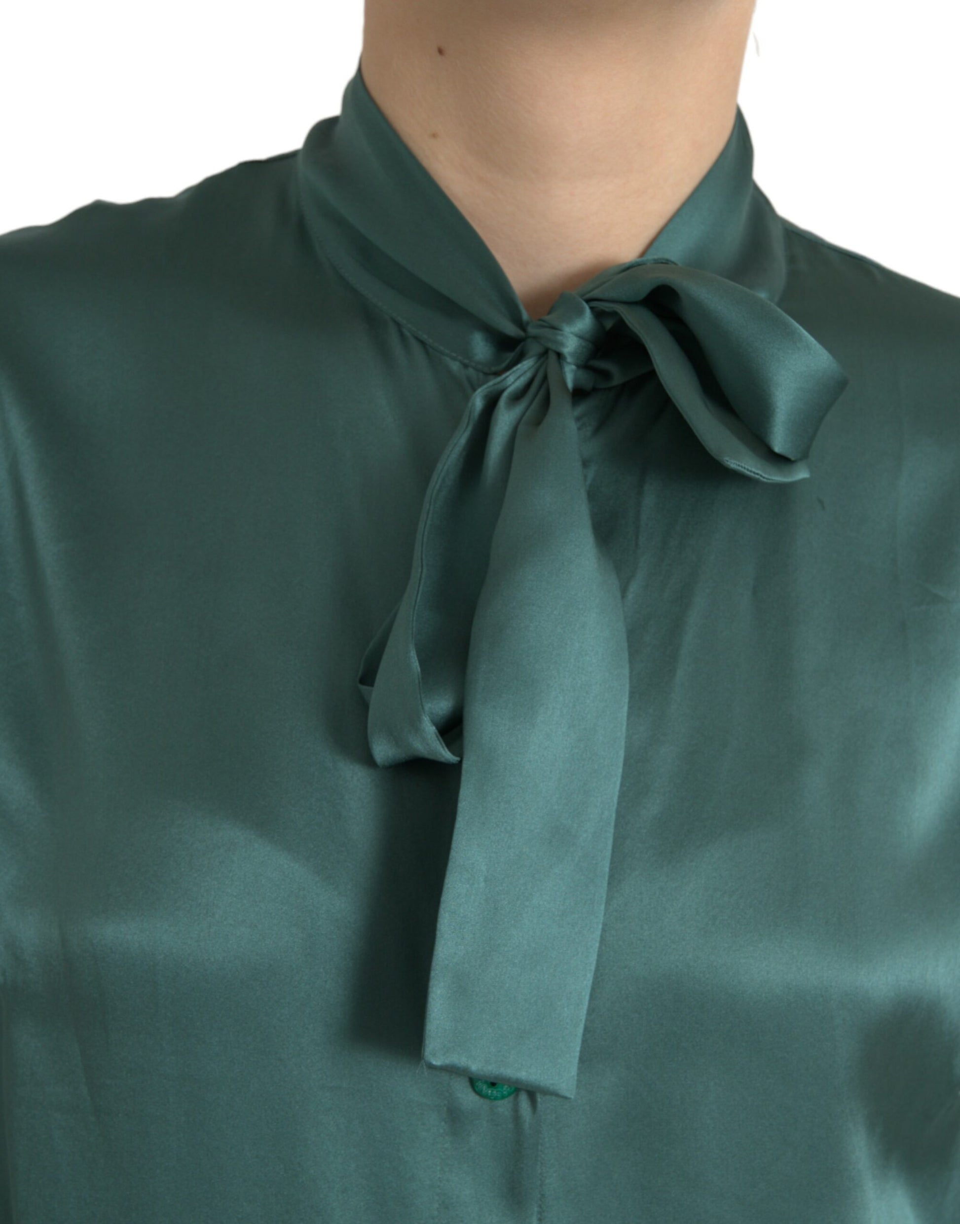 Dolce & Gabbana Dark Green Silk Ascot Collar Blouse Top by Dolce & Gabbana