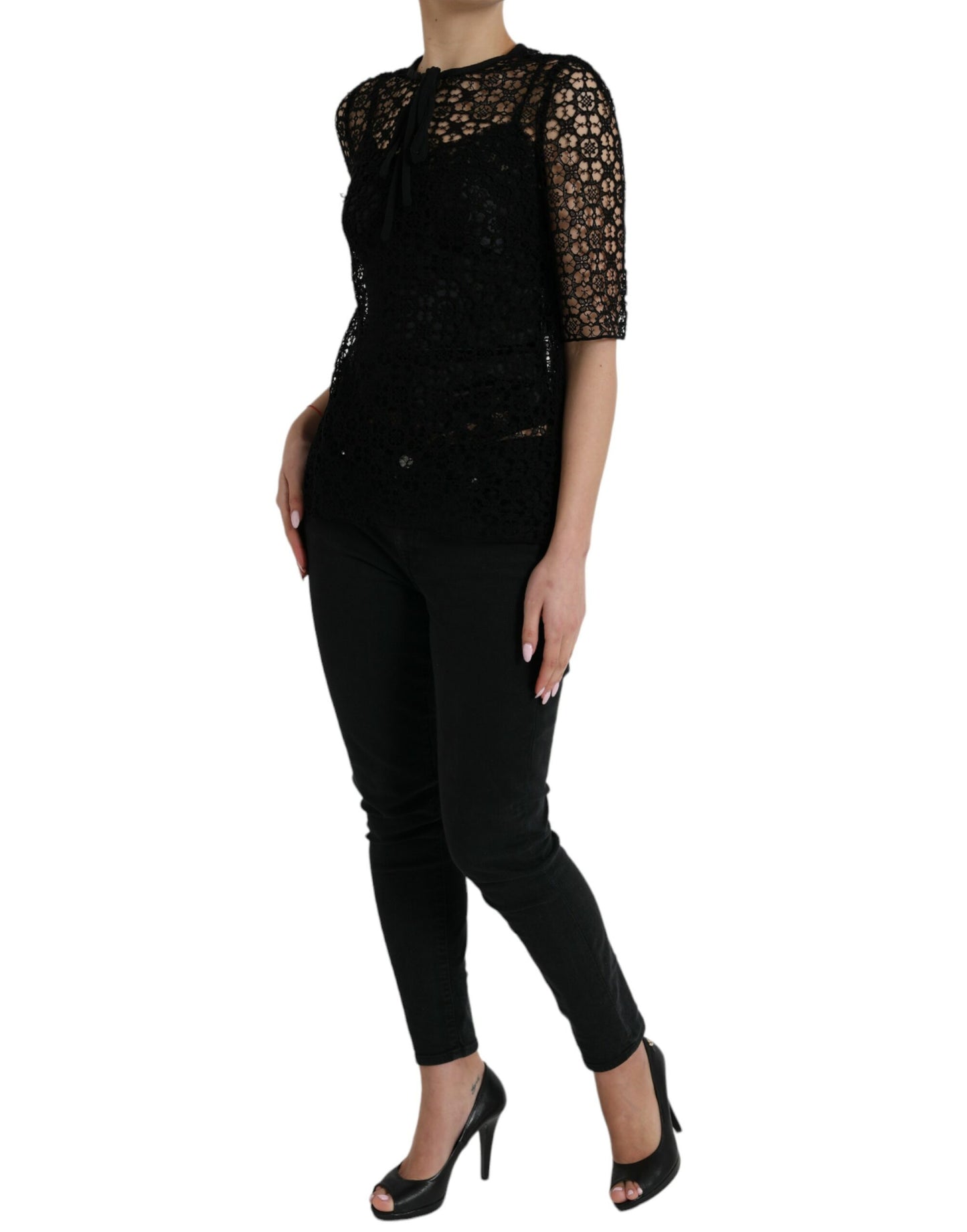 Dolce & Gabbana Black Floral Lace Short Sleeves Blouse Top by Dolce & Gabbana