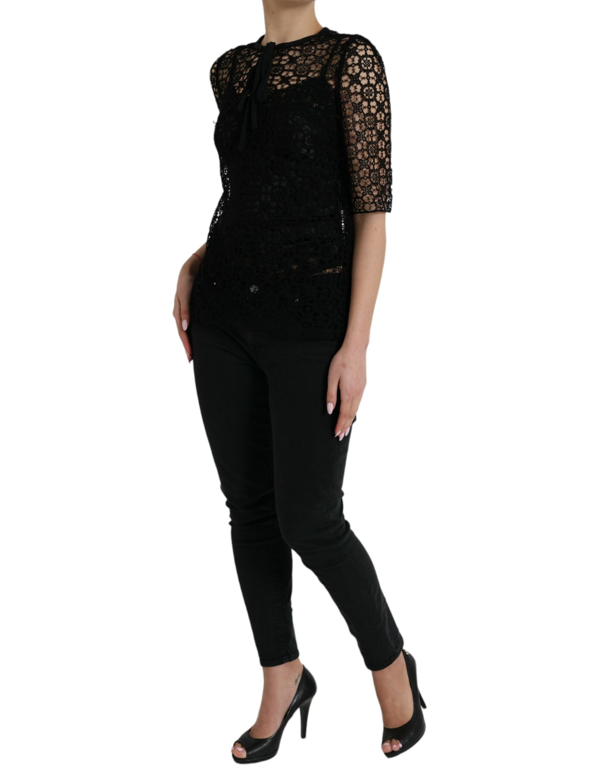 Dolce & Gabbana Black Floral Lace Short Sleeves Blouse Top by Dolce & Gabbana