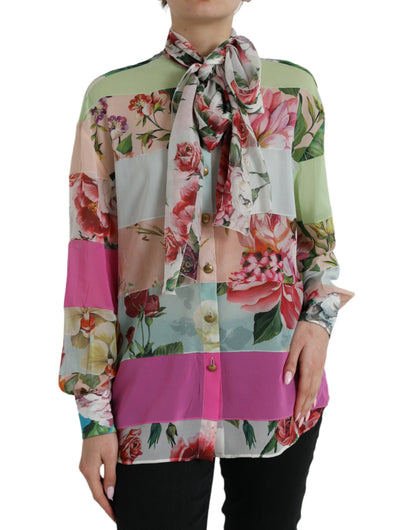 Dolce & Gabbana Multicolor Floral Patchwork Ascot Collar Top by Dolce & Gabbana