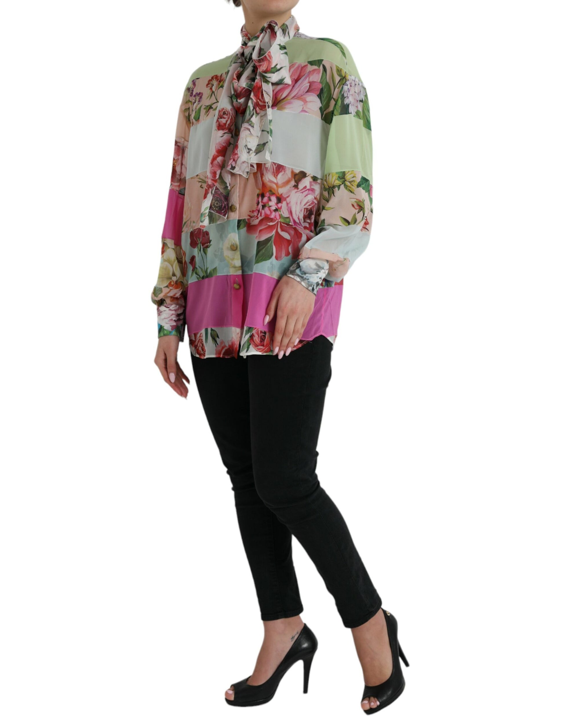 Dolce & Gabbana Multicolor Floral Patchwork Ascot Collar Top by Dolce & Gabbana