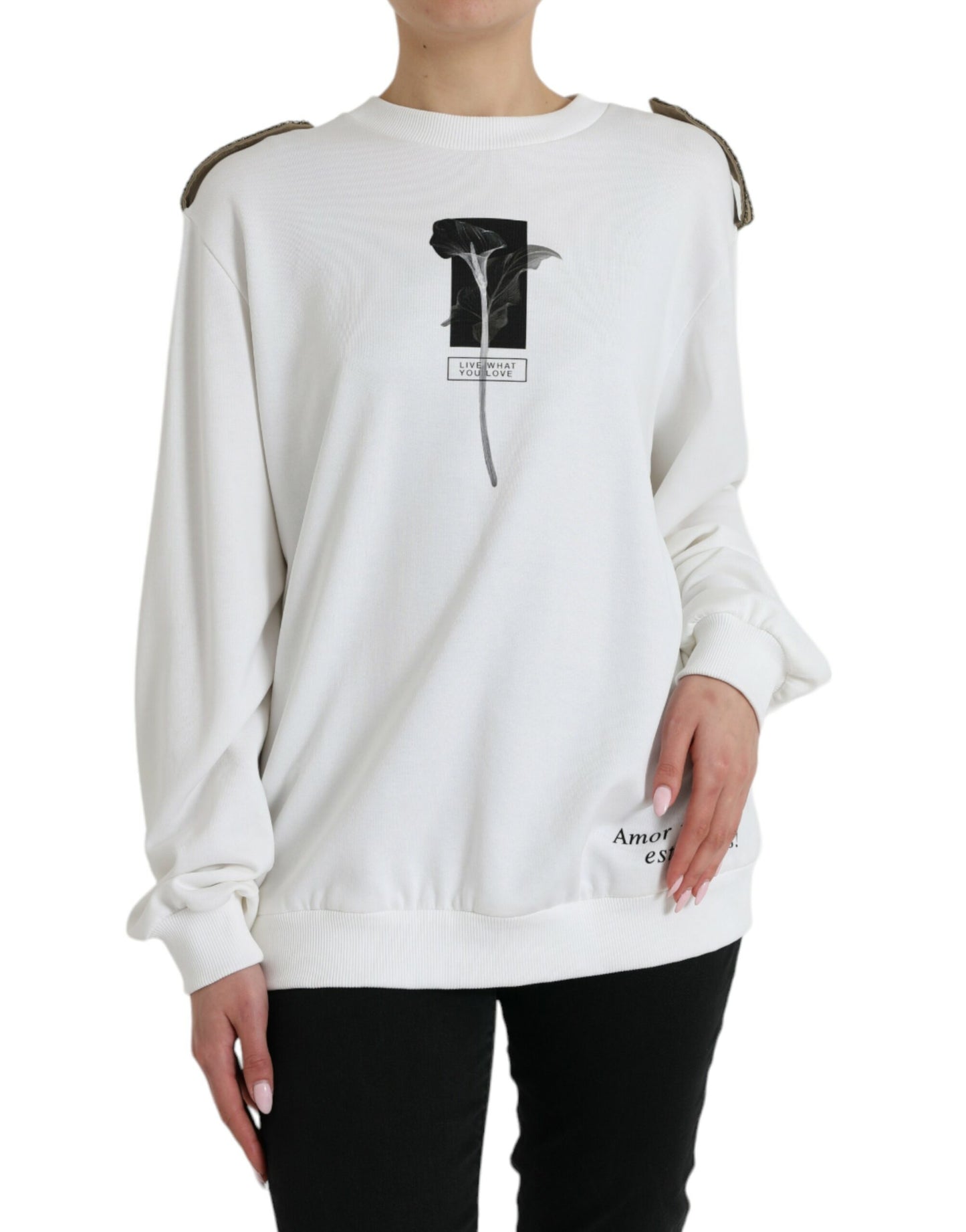 Dolce & Gabbana White Floral Cotton Crew Neck Pullover Sweater by Dolce & Gabbana