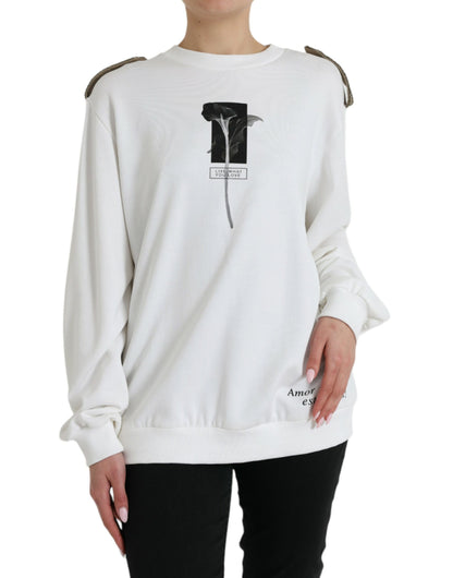 Dolce & Gabbana White Floral Cotton Crew Neck Pullover Sweater by Dolce & Gabbana