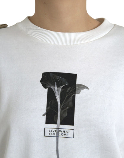 Dolce & Gabbana White Floral Cotton Crew Neck Pullover Sweater by Dolce & Gabbana