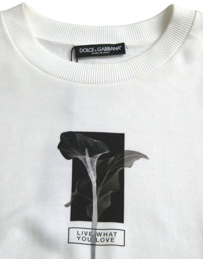 Dolce & Gabbana White Floral Cotton Crew Neck Pullover Sweater by Dolce & Gabbana