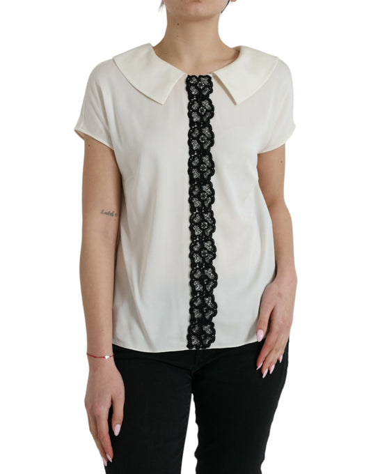 Dolce & Gabbana Off White Silk Lace Trim Short Sleeves Top by Dolce & Gabbana
