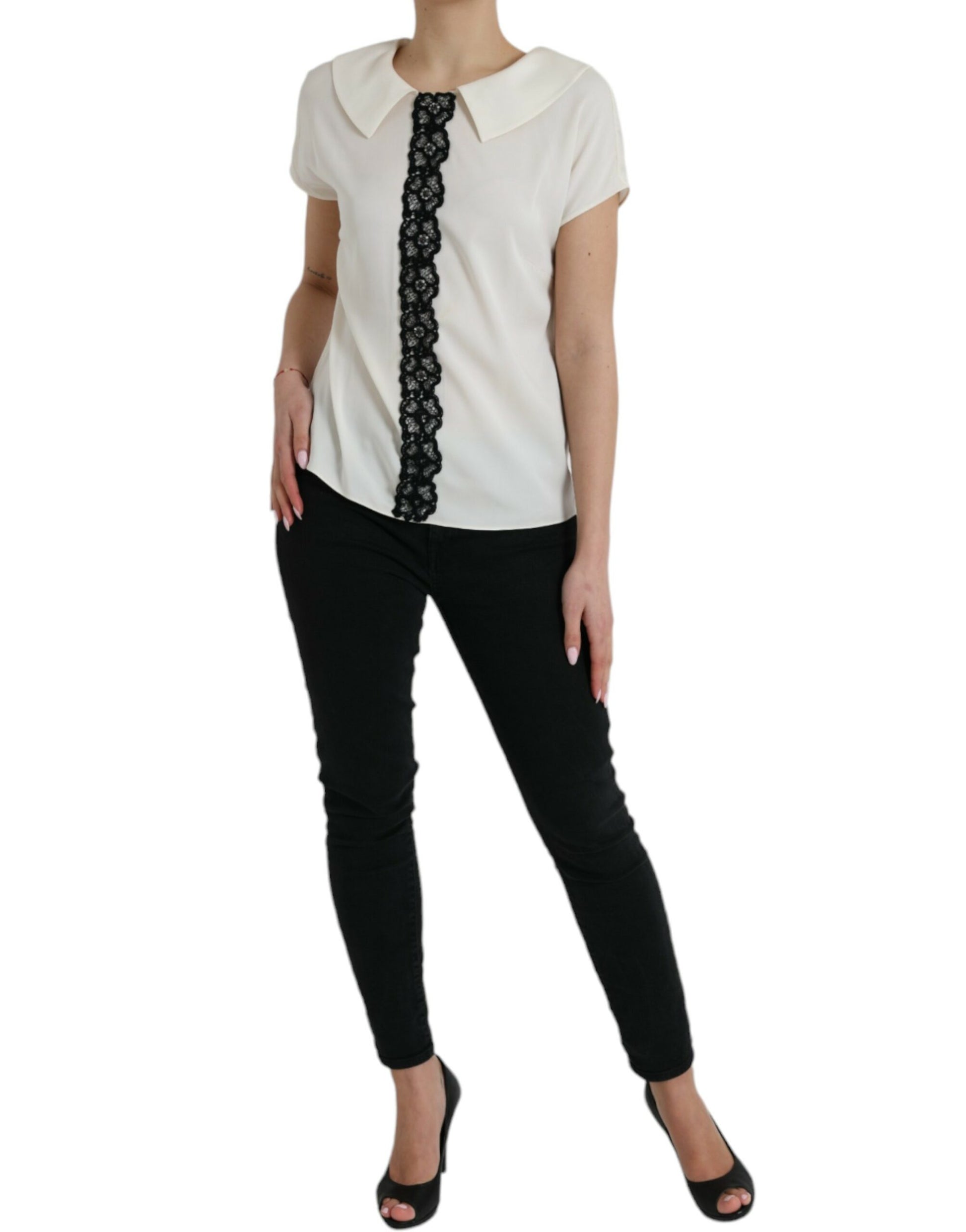 Dolce & Gabbana Off White Silk Lace Trim Short Sleeves Top by Dolce & Gabbana