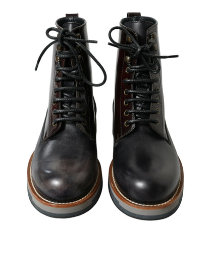Dolce &amp; Gabbana Black Leather Military Combat Boots Shoes