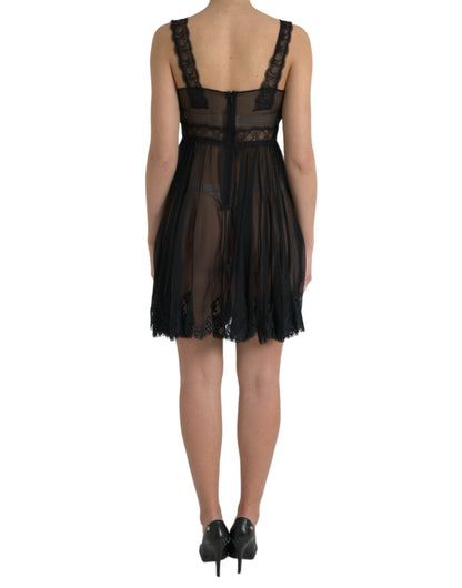 Dolce & Gabbana Black Silk Pleated Lace Chiffon Mini Dress by Dolce & Gabbana