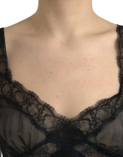 Dolce & Gabbana Black Silk Pleated Lace Chiffon Mini Dress by Dolce & Gabbana