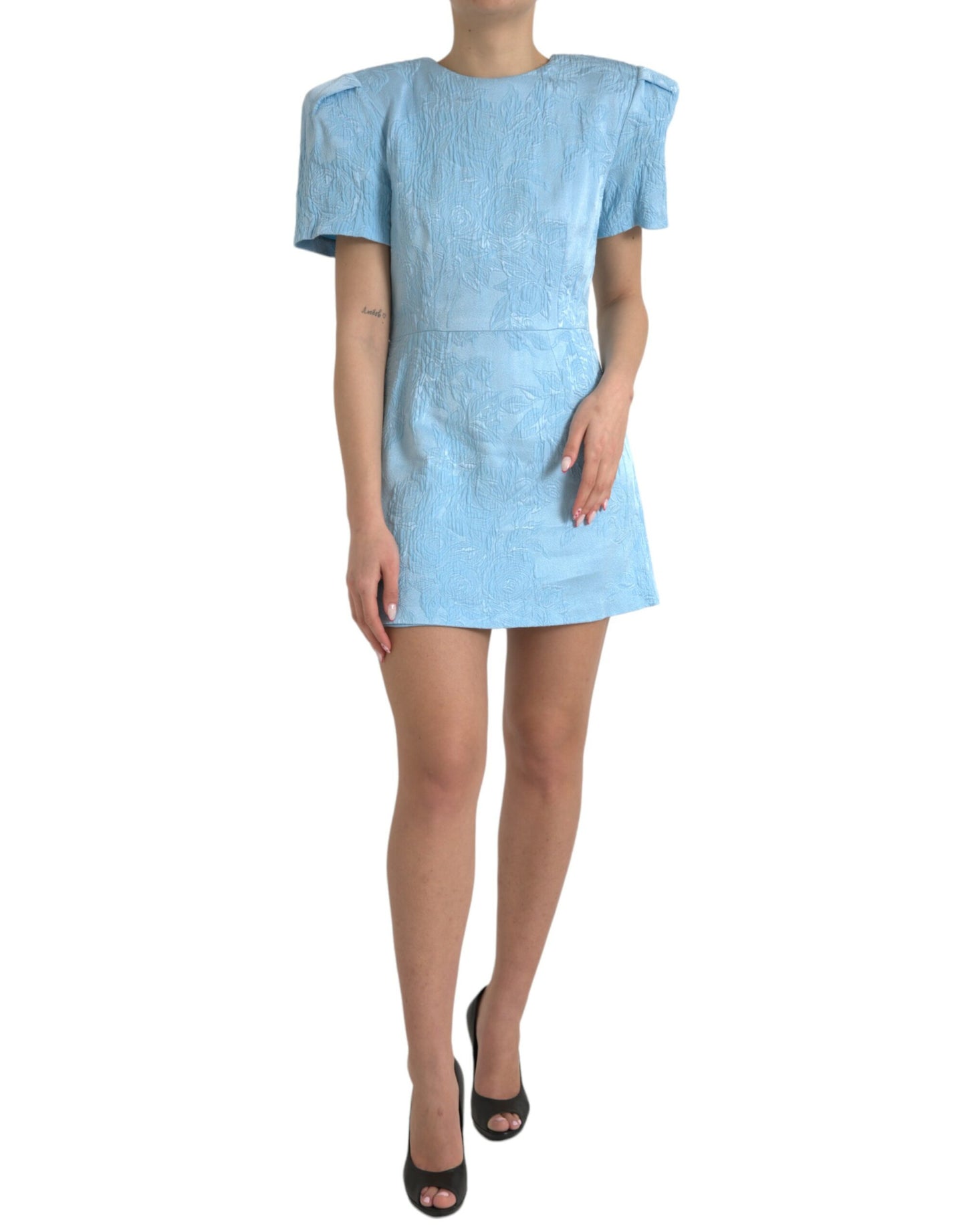 Dolce & Gabbana Light Blue Floral Jacquard Puff Sleeve Mini Dress by Dolce & Gabbana