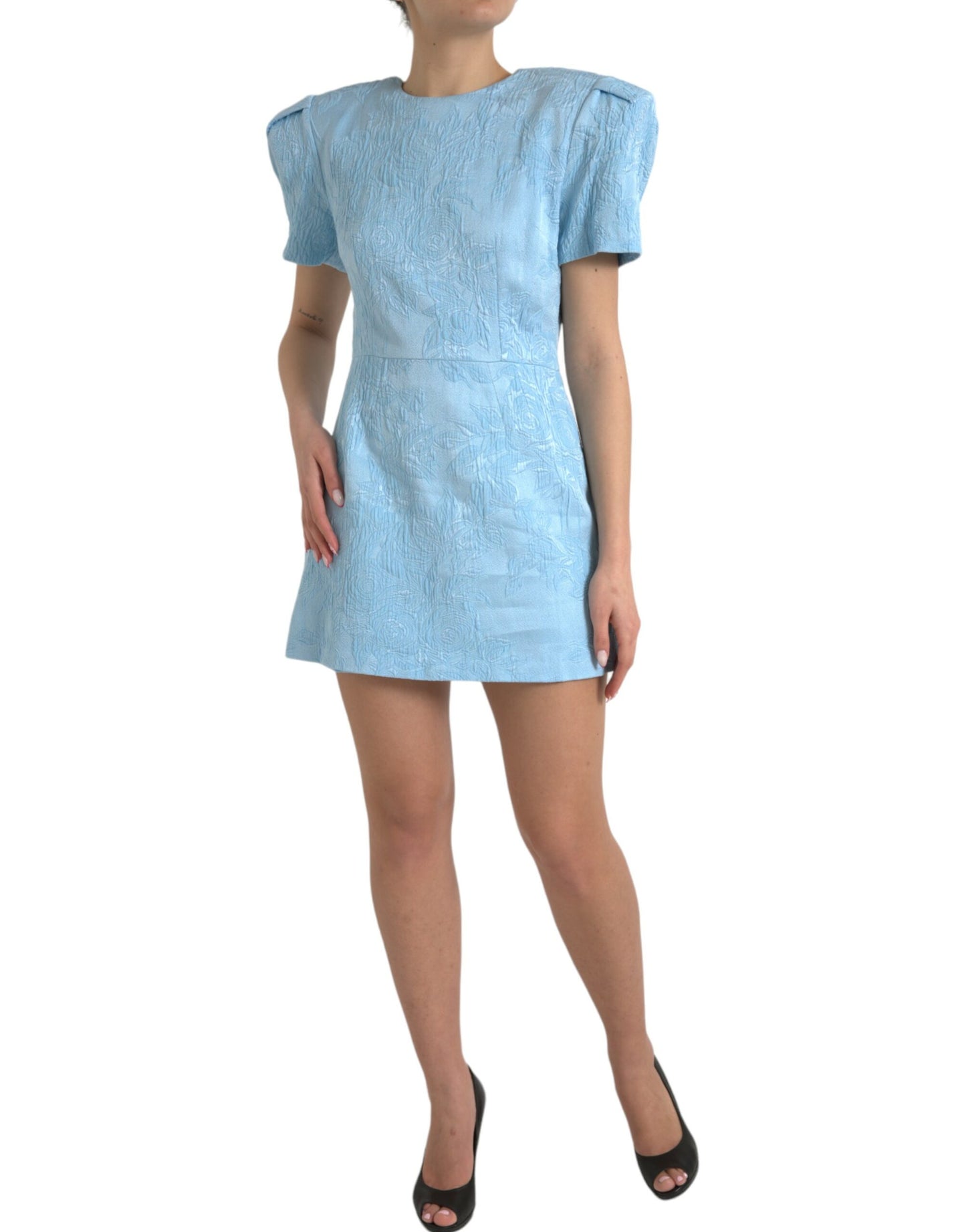 Dolce & Gabbana Light Blue Floral Jacquard Puff Sleeve Mini Dress by Dolce & Gabbana