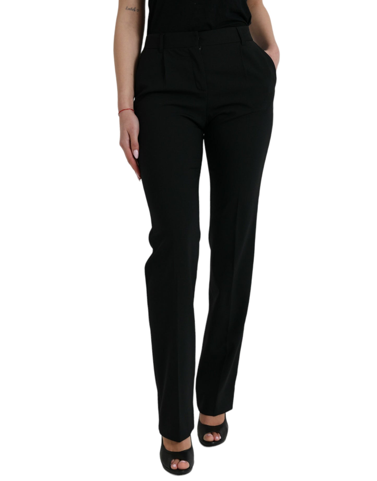 Dolce & Gabbana Black Wool Mid Waist Tapered Pants by Dolce & Gabbana