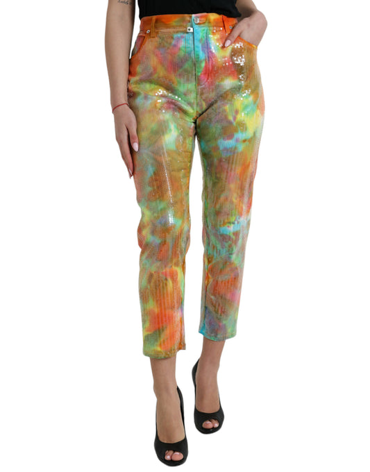 Dolce & Gabbana Multicolor Tie Dye Sequined High Waist Cropped Pants by Dolce & Gabbana
