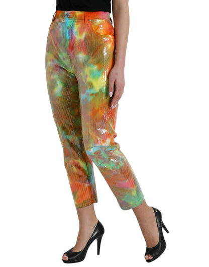 Dolce & Gabbana Multicolor Tie Dye Sequined High Waist Cropped Pants by Dolce & Gabbana