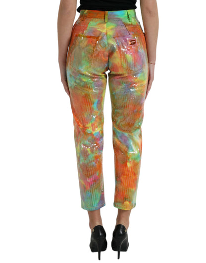Dolce & Gabbana Multicolor Tie Dye Sequined High Waist Cropped Pants by Dolce & Gabbana