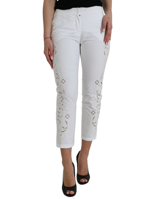 Dolce & Gabbana White Cut Out Cotton Mid Waist Cropped Pants by Dolce & Gabbana
