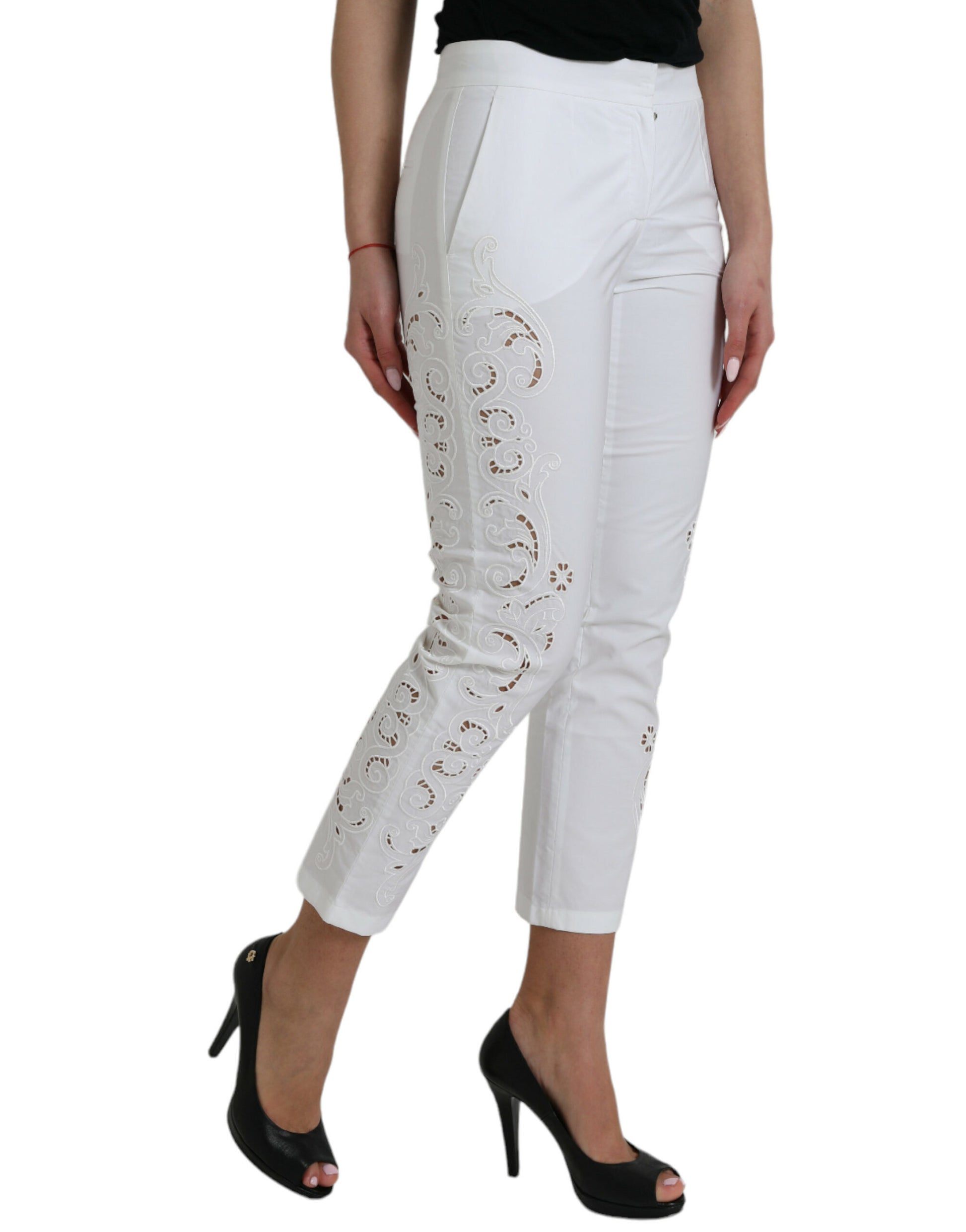 Dolce & Gabbana White Cut Out Cotton Mid Waist Cropped Pants by Dolce & Gabbana