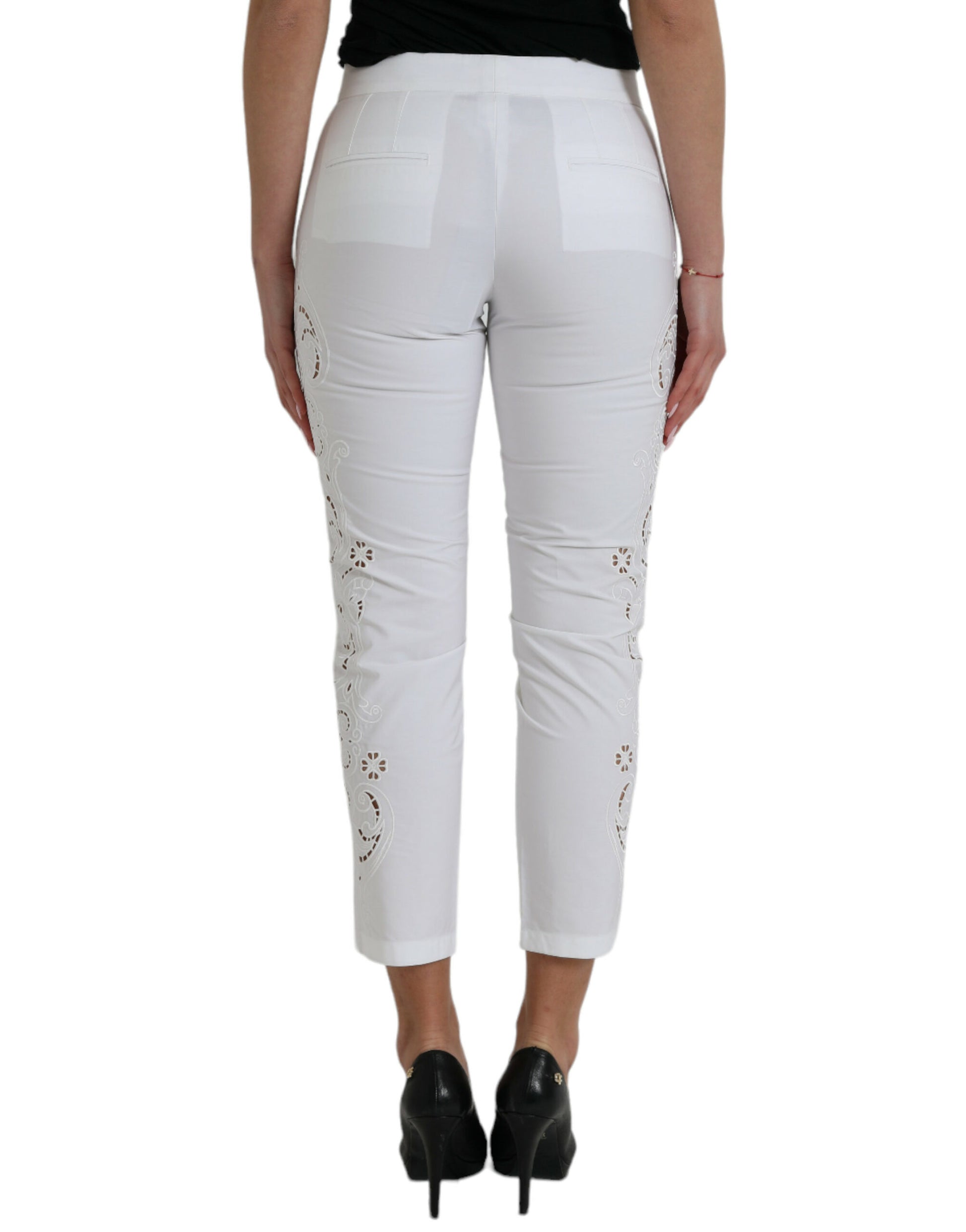 Dolce & Gabbana White Cut Out Cotton Mid Waist Cropped Pants by Dolce & Gabbana